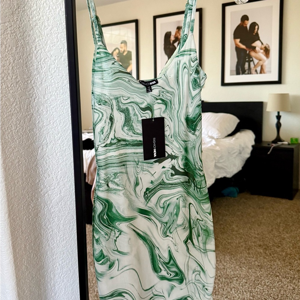 Fashion Nova Swirl Print Dress in Green and White